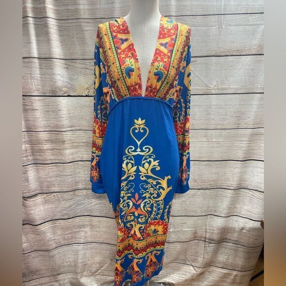 woose Dresses & Skirts - Fashion printed long sleeve v neck pullover long slim temperament dress
